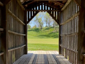 View from inside the covered corn crib bridge on hole 11 at EagleSticks Golf Club