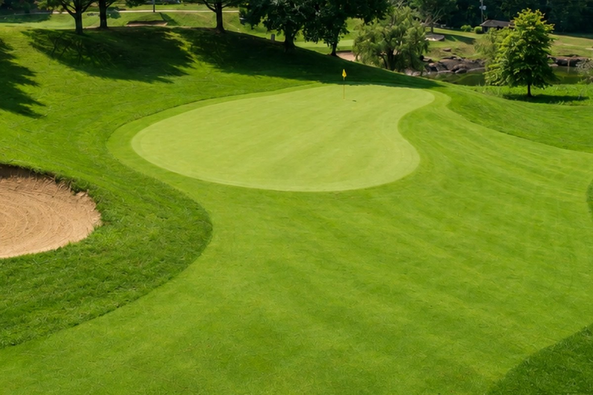 View of the green on Hole 14 at EagleSticks Golf Club