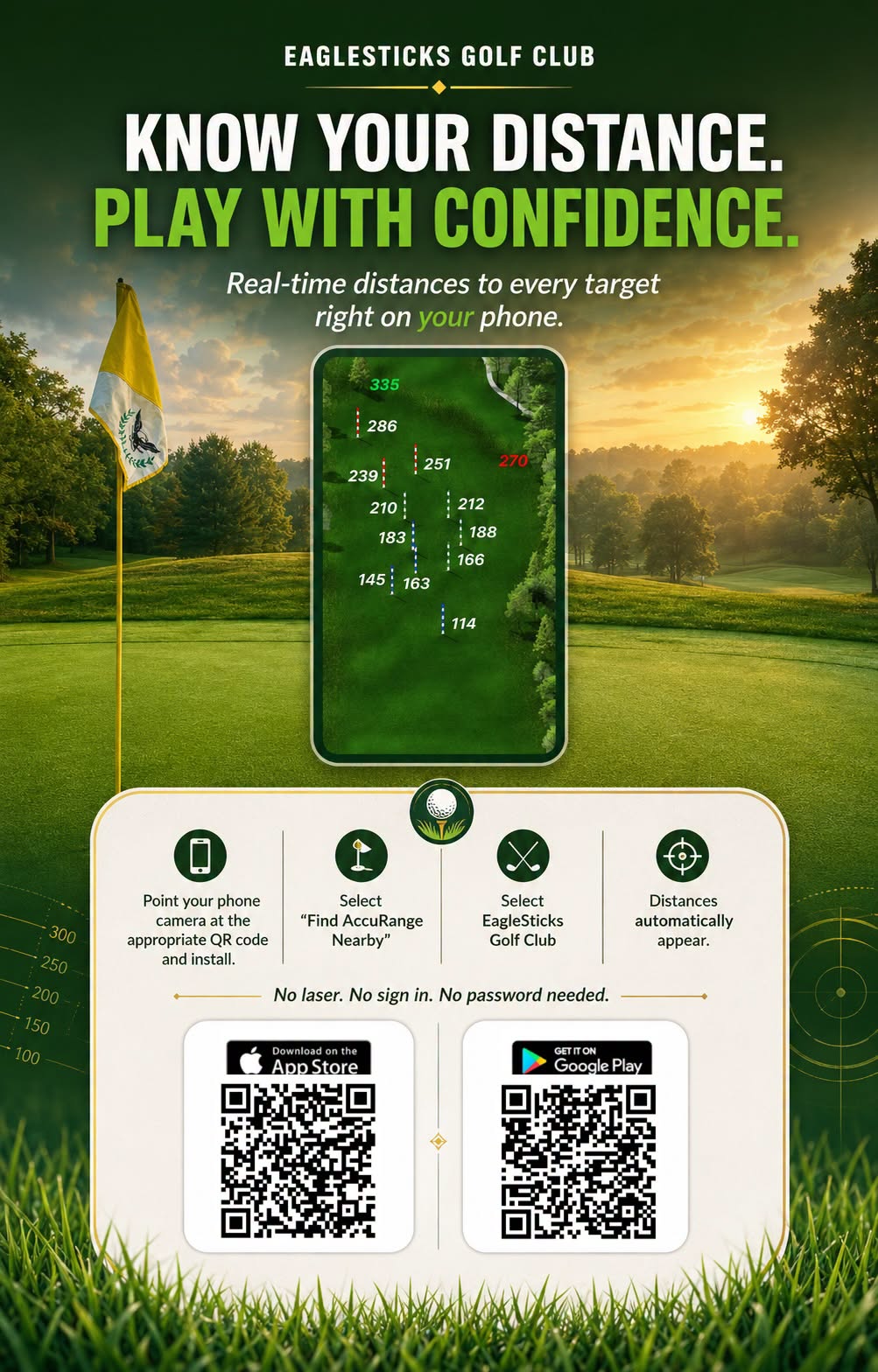 AccuRange app showing real-time distances to targets on the EagleSticks practice range