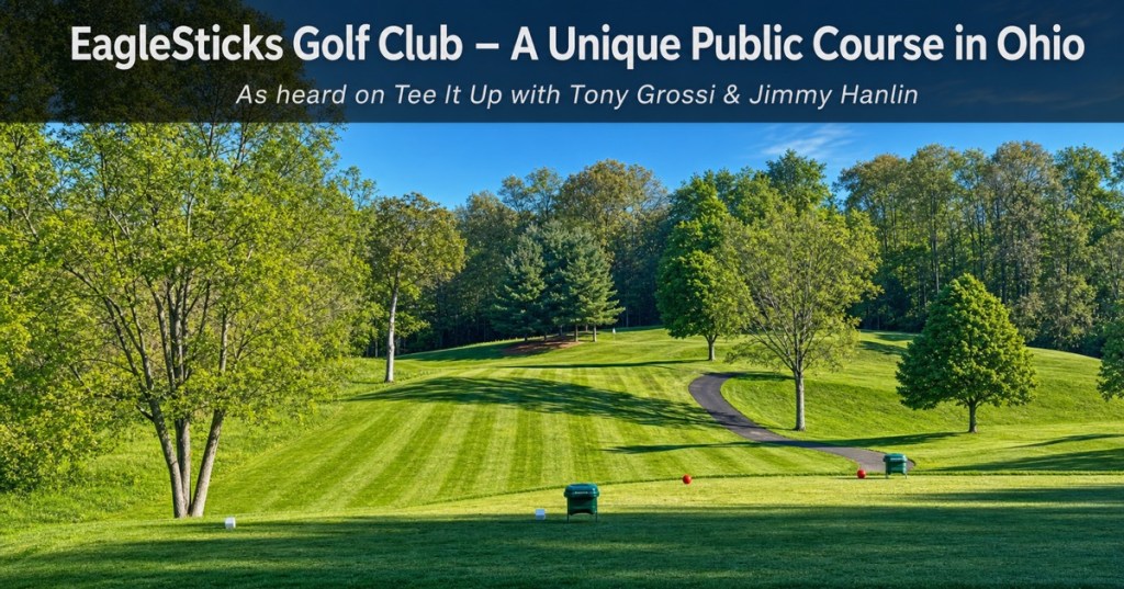 Uphill par‑3 Hole 12 tee box to green at EagleSticks Golf Club in Zanesville, Ohio with Tee It Up radio episode text overlay