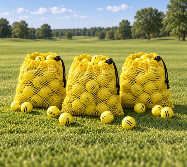 Three mesh bags of range balls on the grass at EagleSticks Golf Club